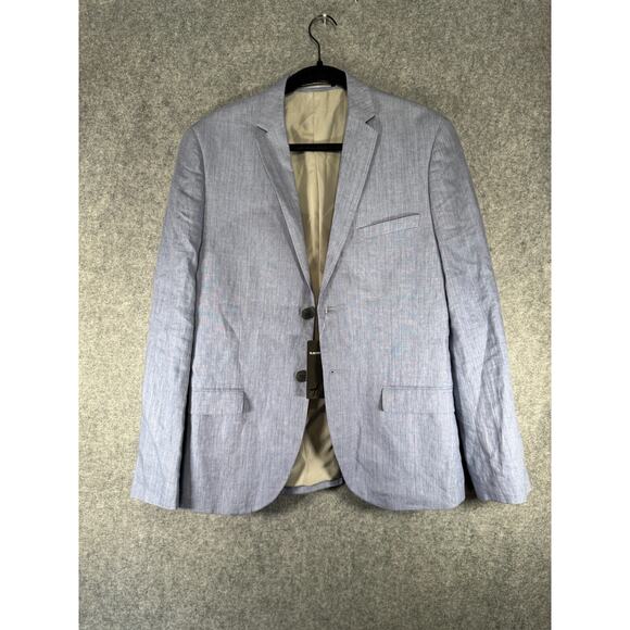H&M Jacket Men 38R Blue Linen Slim Fit Sport Coat Preppy Double Breasted‎ NWT - Picture 1 of 11